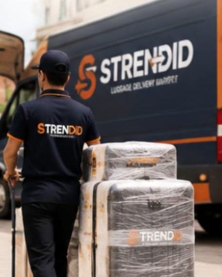 Strendid delivery partner moving wrapped luggage on a trolley beside a branded Strendid delivery van